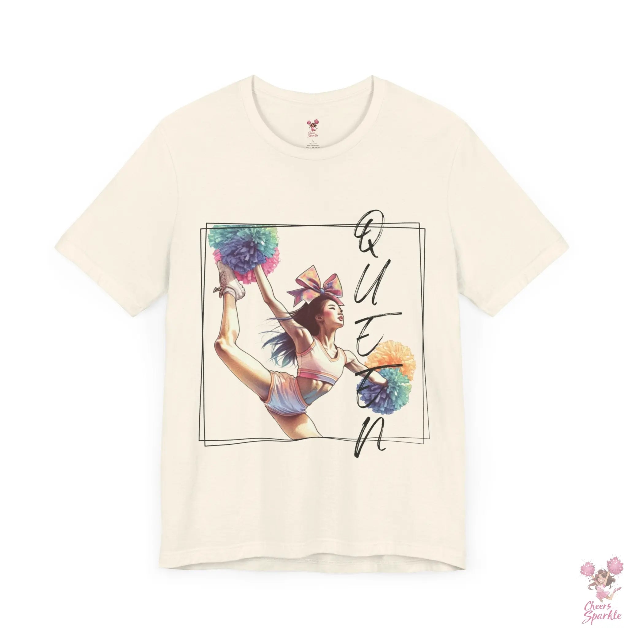 Energiegeladenes Cheerleader-Design mit dem Schriftzug "Queen" Cheers and Sparkle