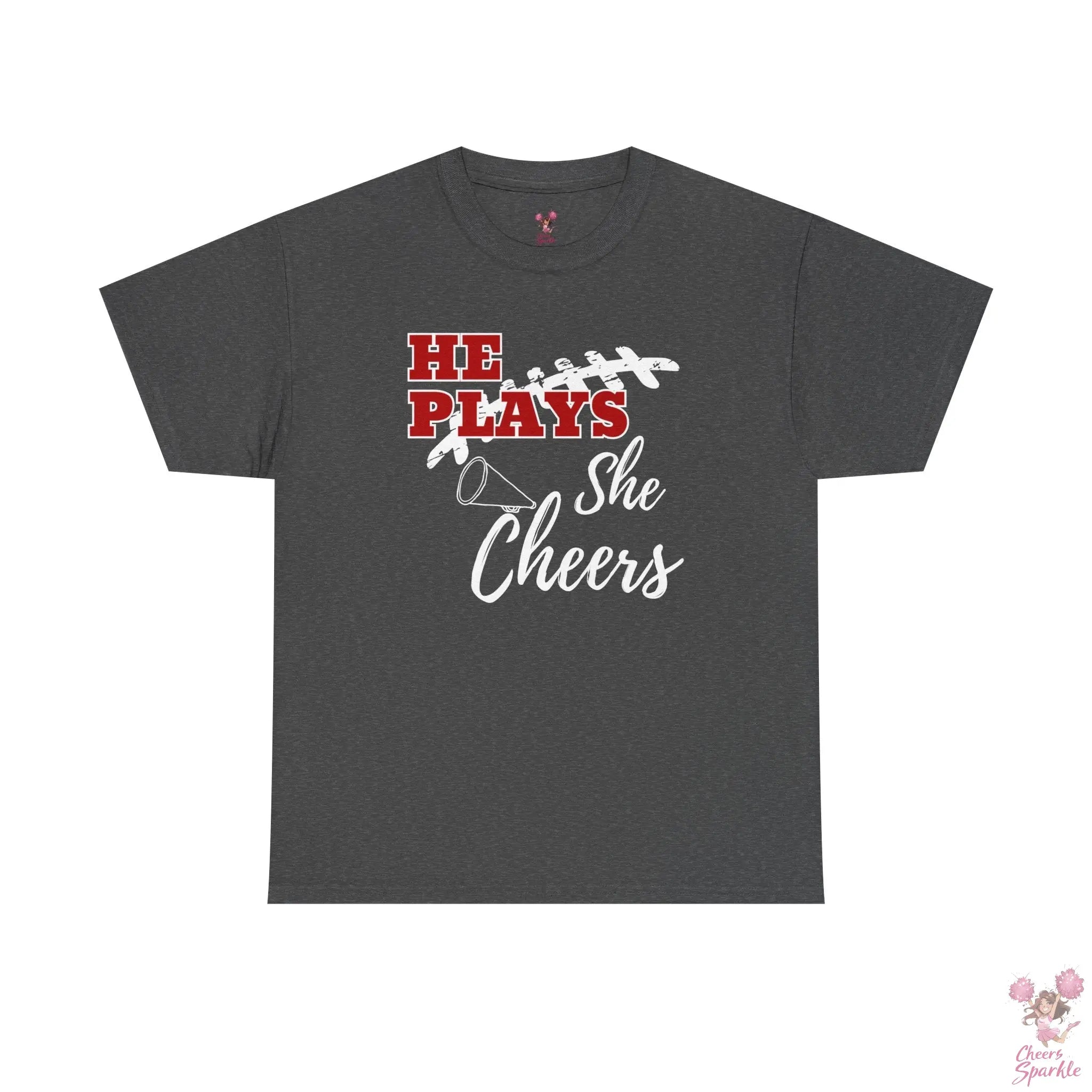 „He Plays, She Cheers“ T-Shirt Printify