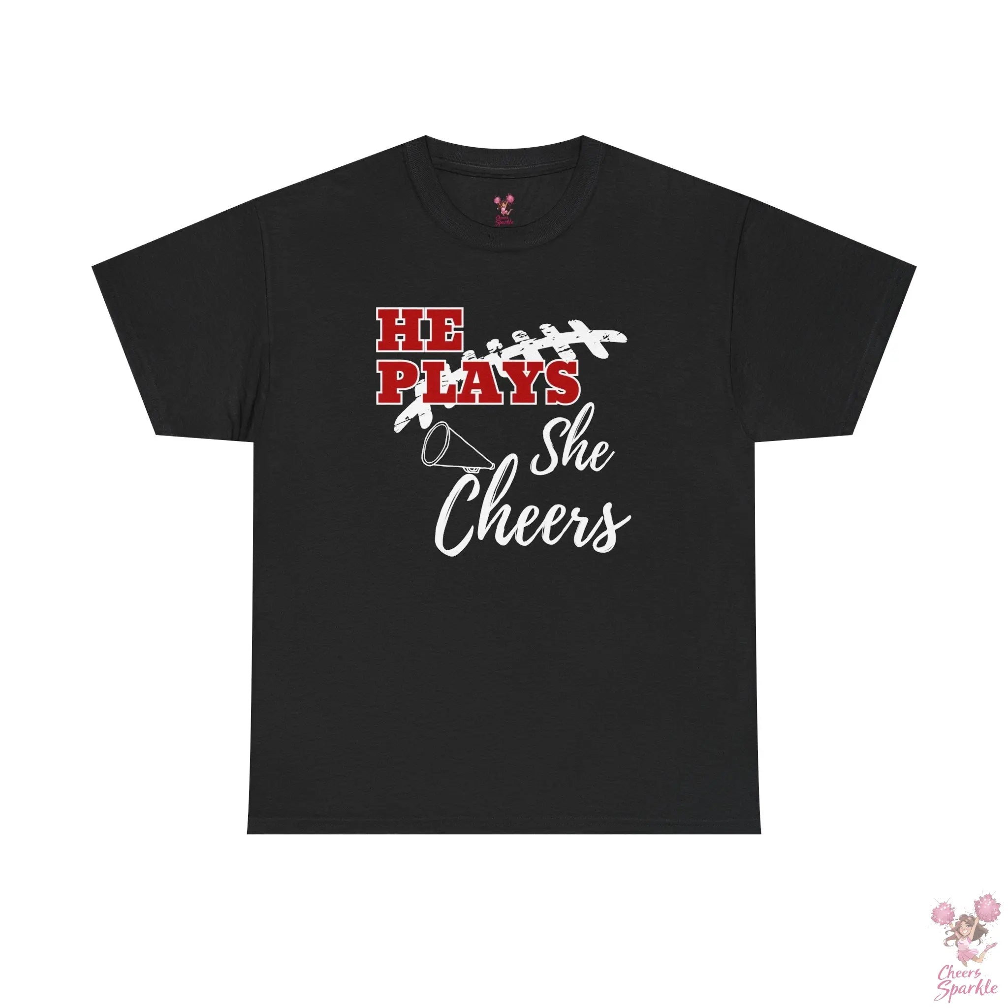 „He Plays, She Cheers“ T-Shirt Printify