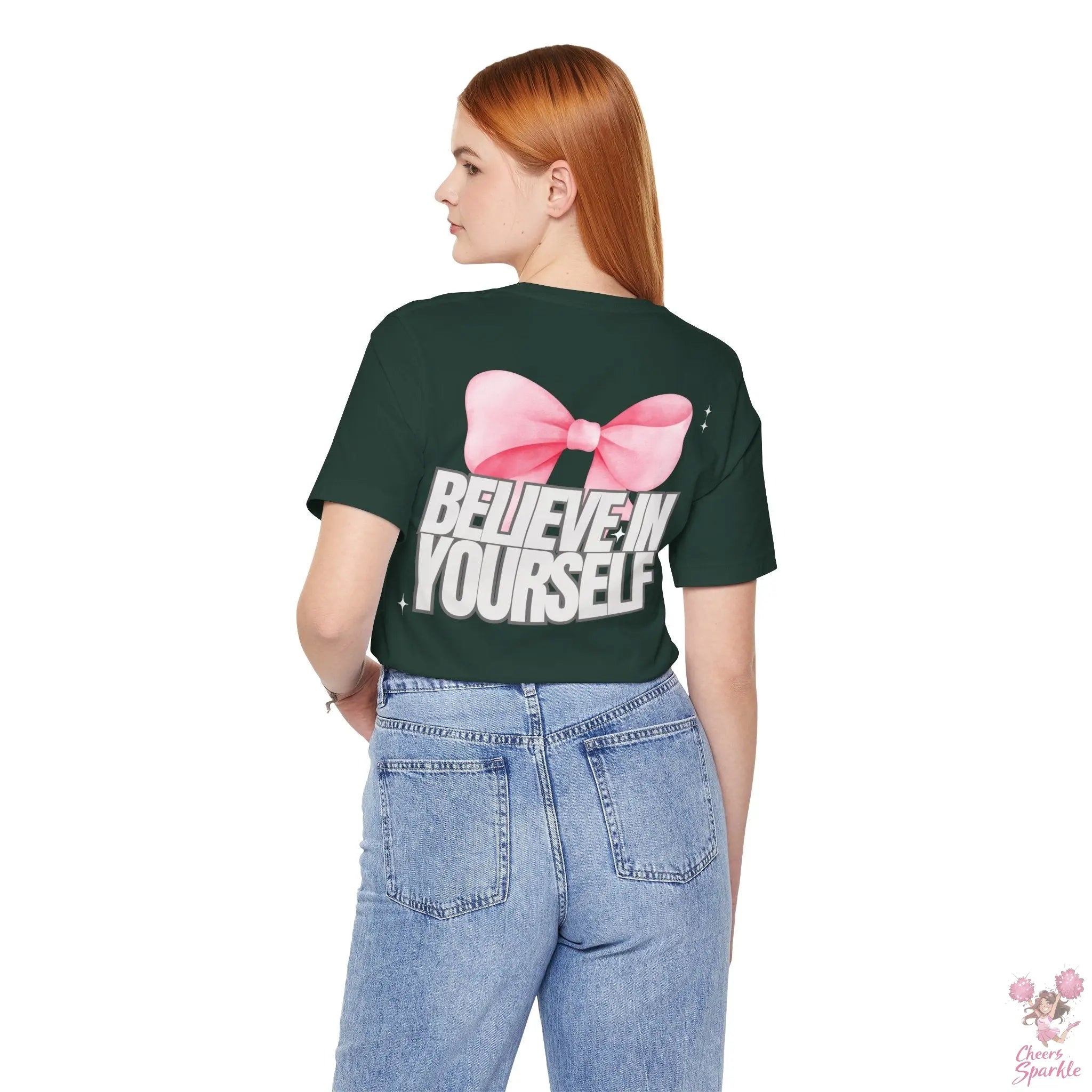 "Believe in Yourself"  mit Schleifenmotiv V-Ausschnitt T-Shirt Cheers and Sparkle