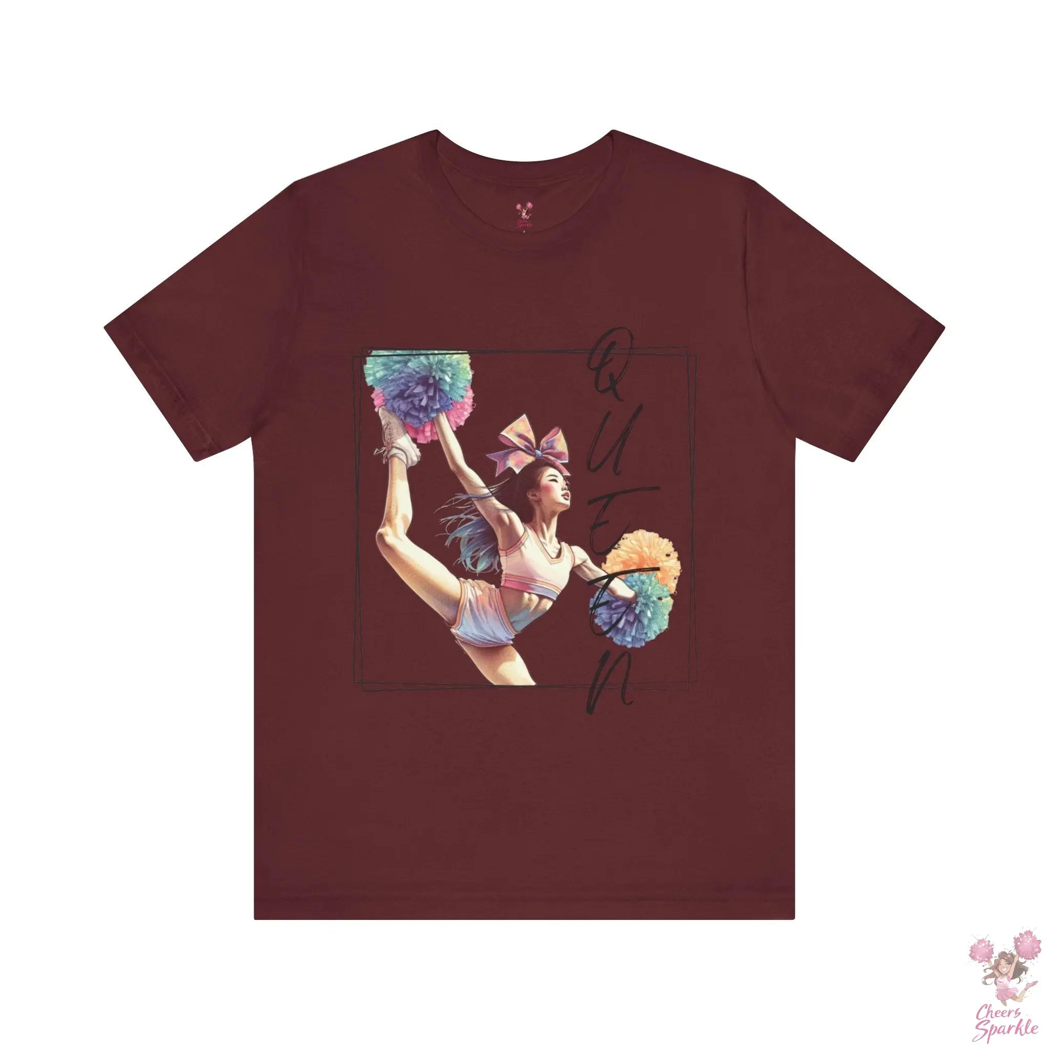 Energiegeladenes Cheerleader-Design mit dem Schriftzug "Queen" Cheers and Sparkle