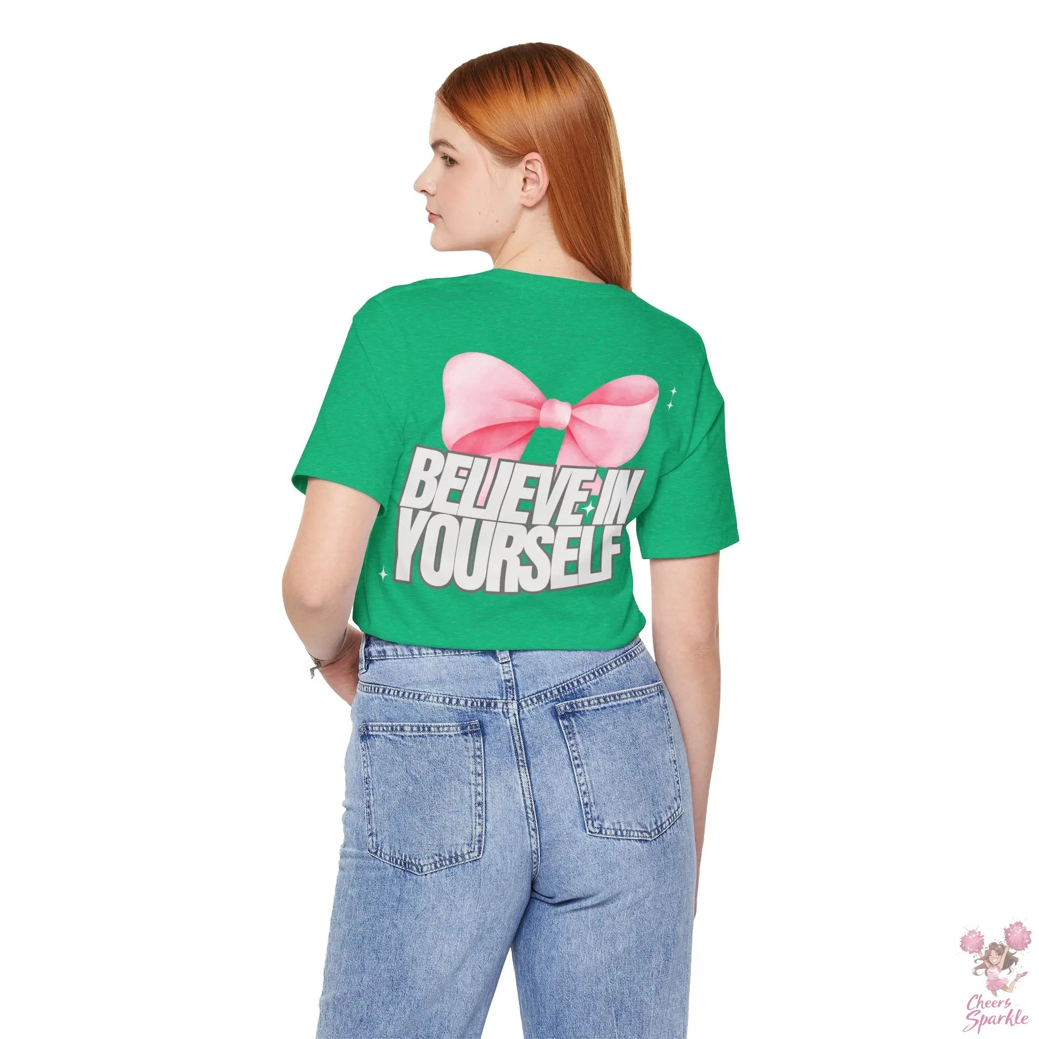 "Believe in Yourself"  mit Schleifenmotiv V-Ausschnitt T-Shirt Cheers and Sparkle