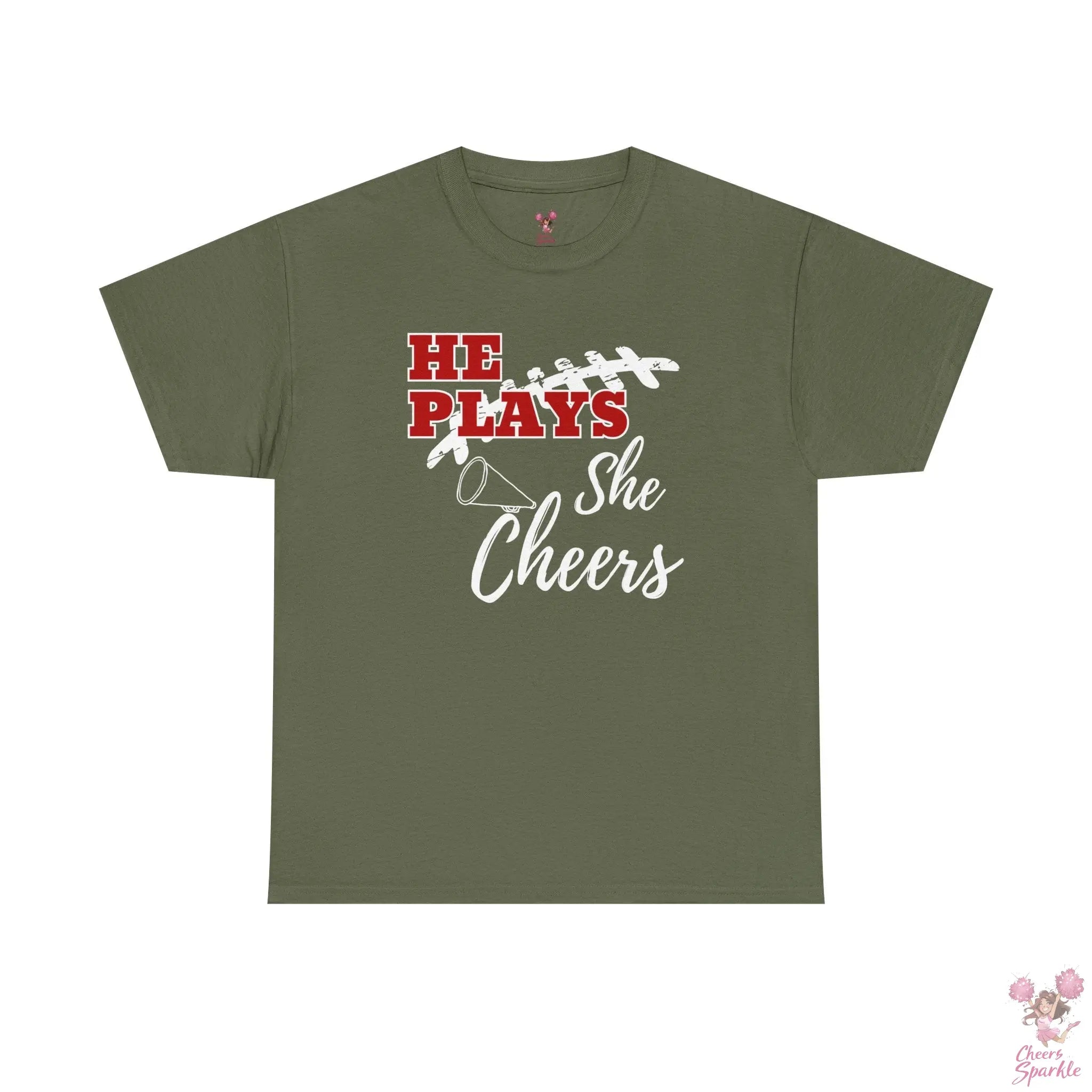 „He Plays, She Cheers“ T-Shirt Printify