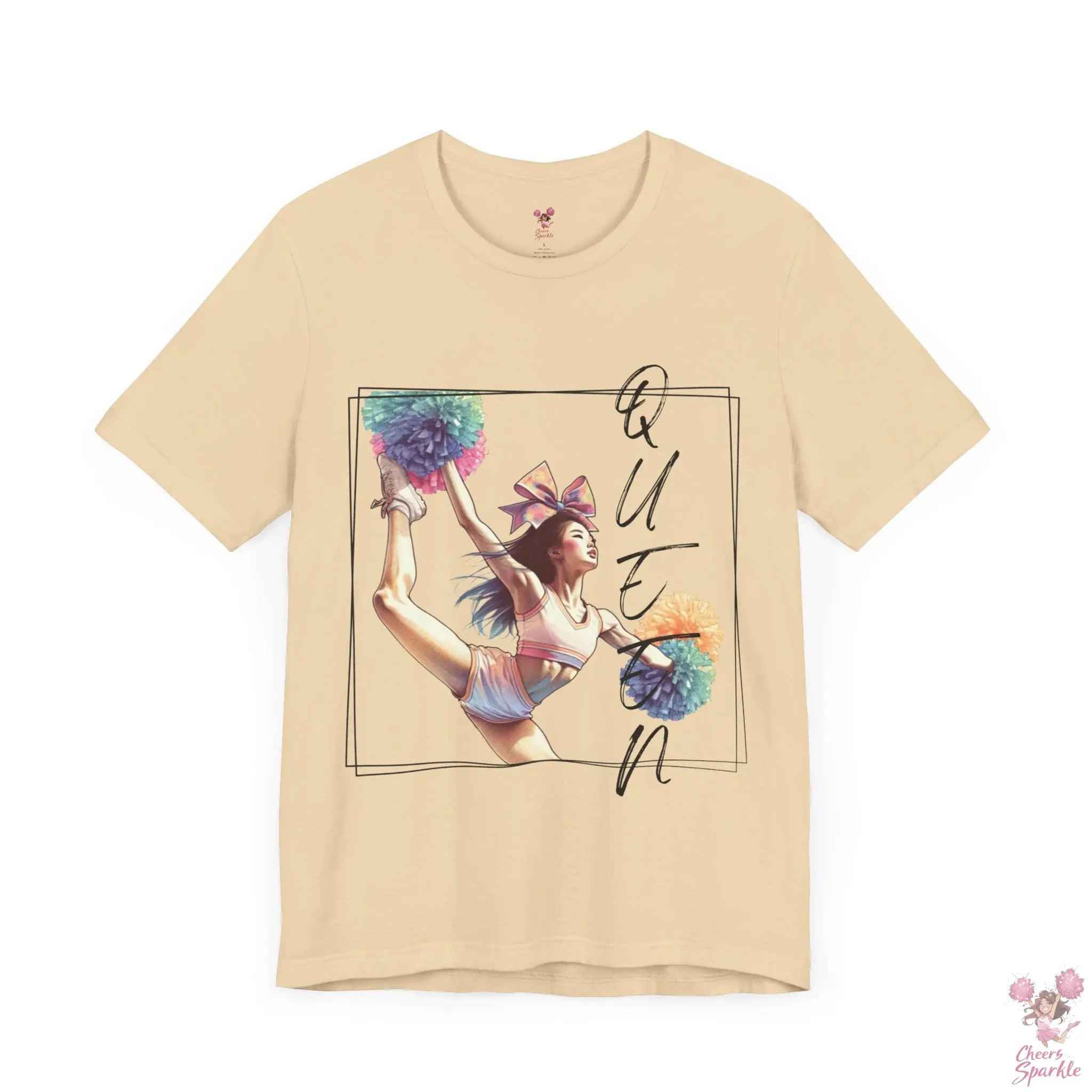 Energiegeladenes Cheerleader-Design mit dem Schriftzug "Queen" Cheers and Sparkle