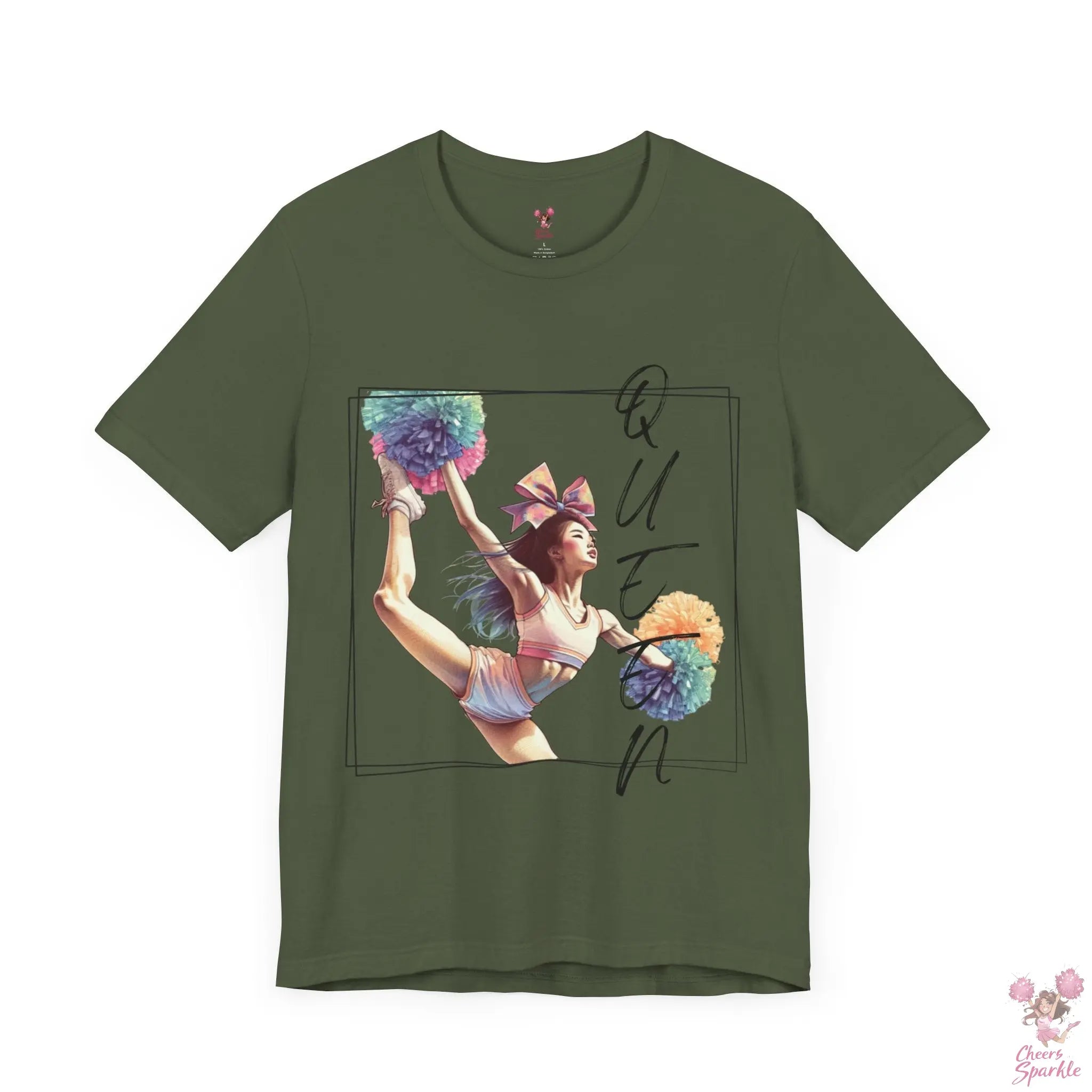 Energiegeladenes Cheerleader-Design mit dem Schriftzug "Queen" Cheers and Sparkle