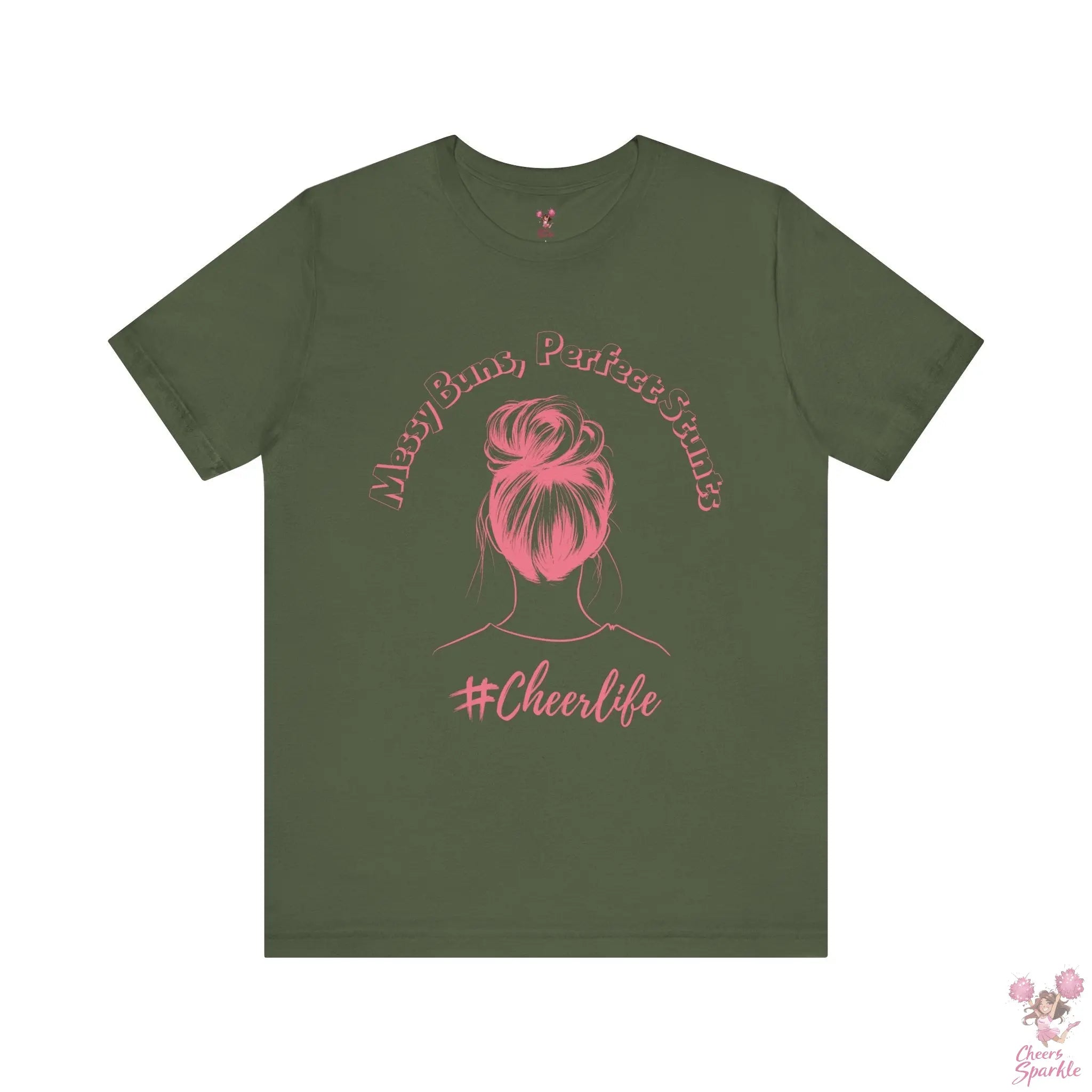 Stylischen T-Shirt "Messy Buns, Perfect Stunts #Cheerlife" Cheers and Sparkle