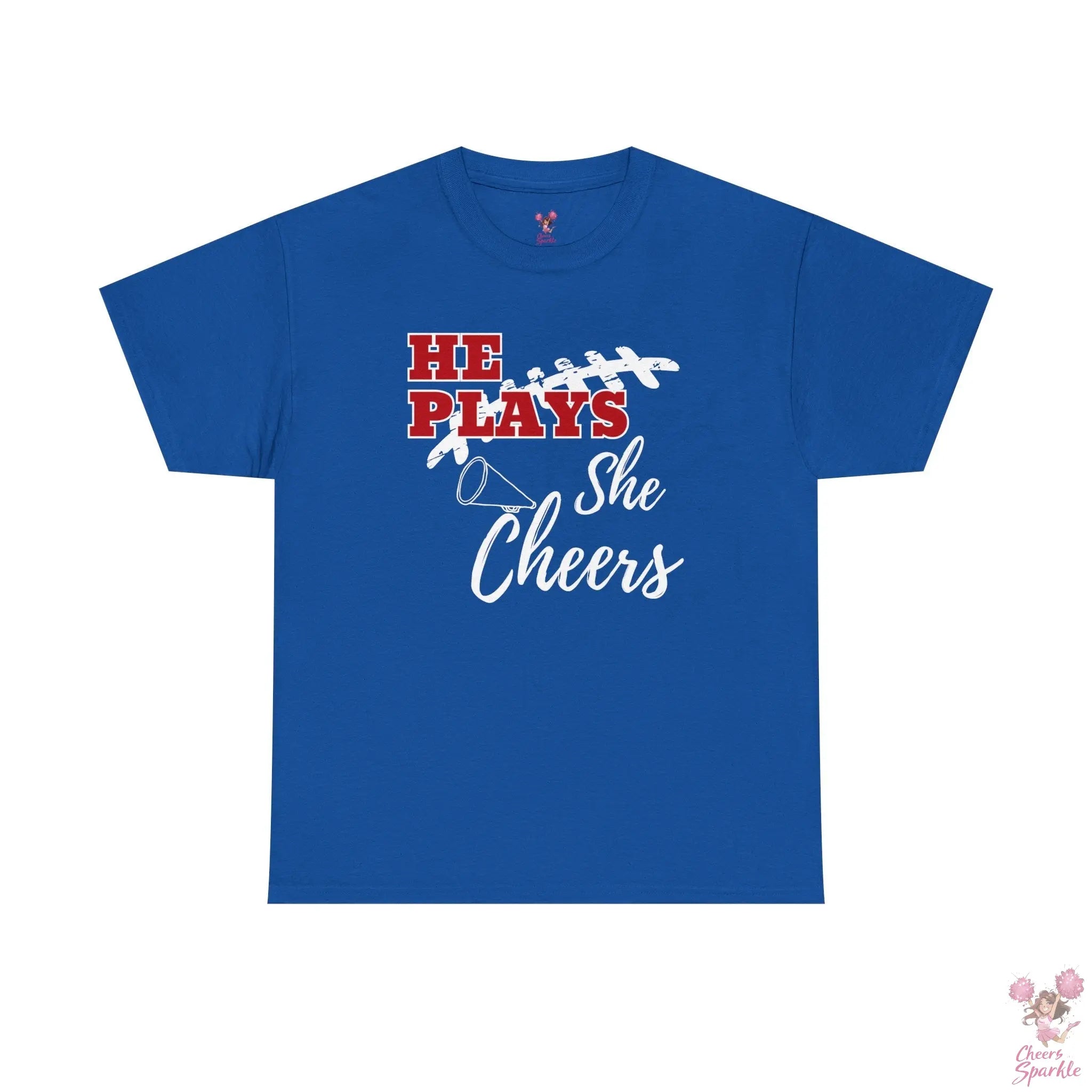 „He Plays, She Cheers“ T-Shirt Printify