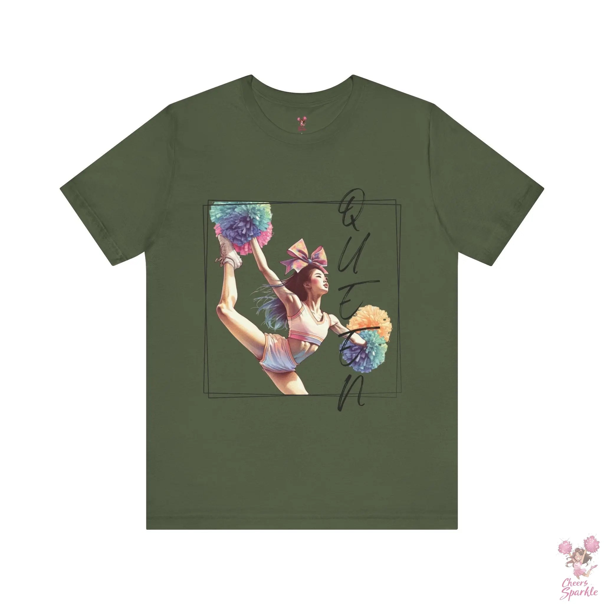 Energiegeladenes Cheerleader-Design mit dem Schriftzug "Queen" Cheers and Sparkle