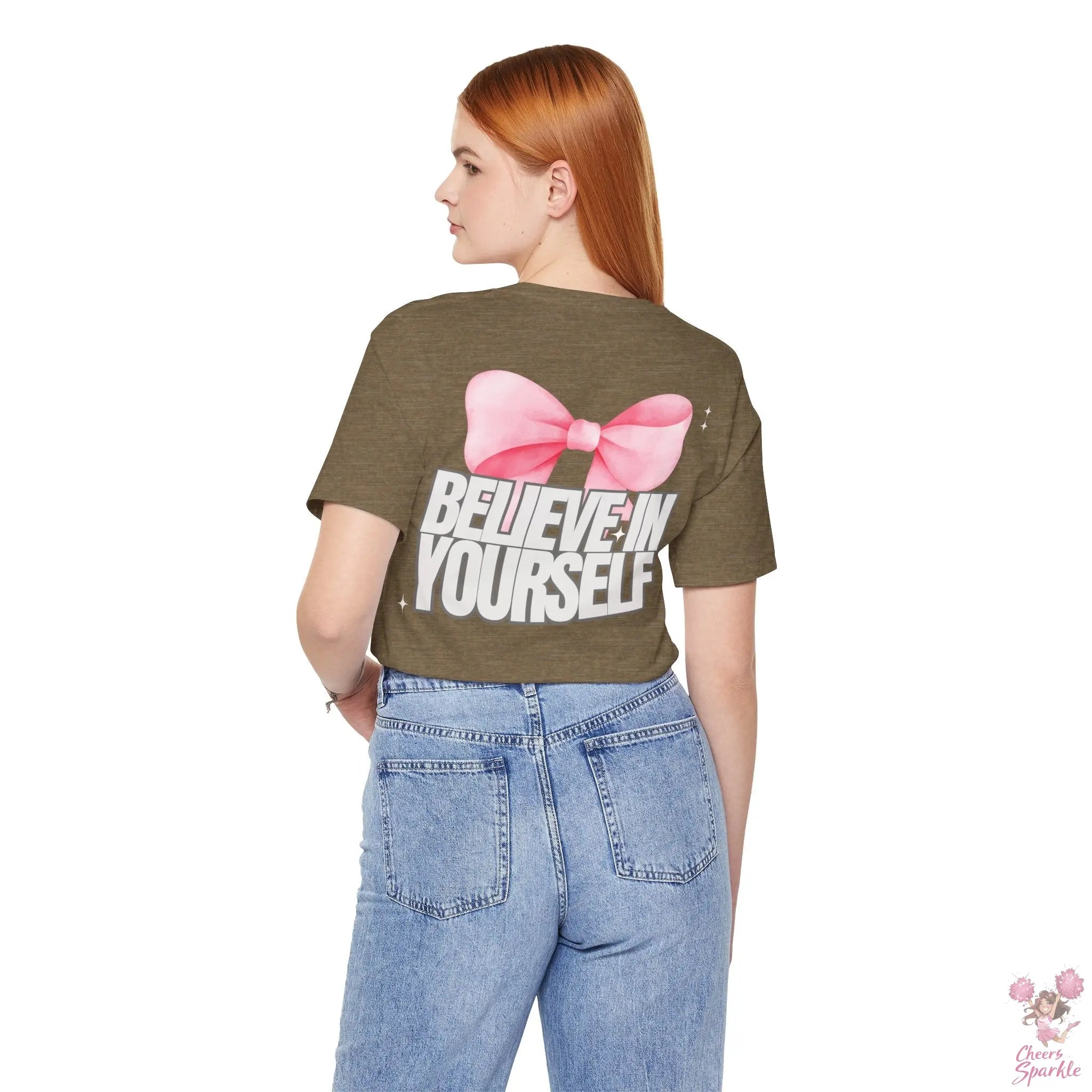 "Believe in Yourself"  mit Schleifenmotiv V-Ausschnitt T-Shirt Cheers and Sparkle