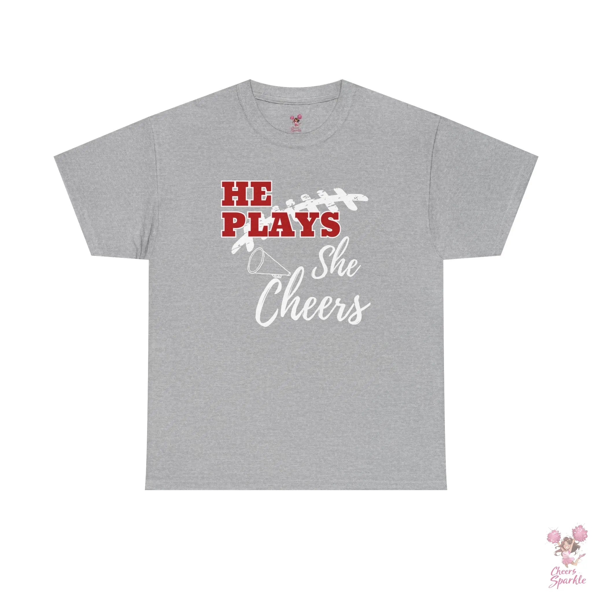 „He Plays, She Cheers“ T-Shirt Printify