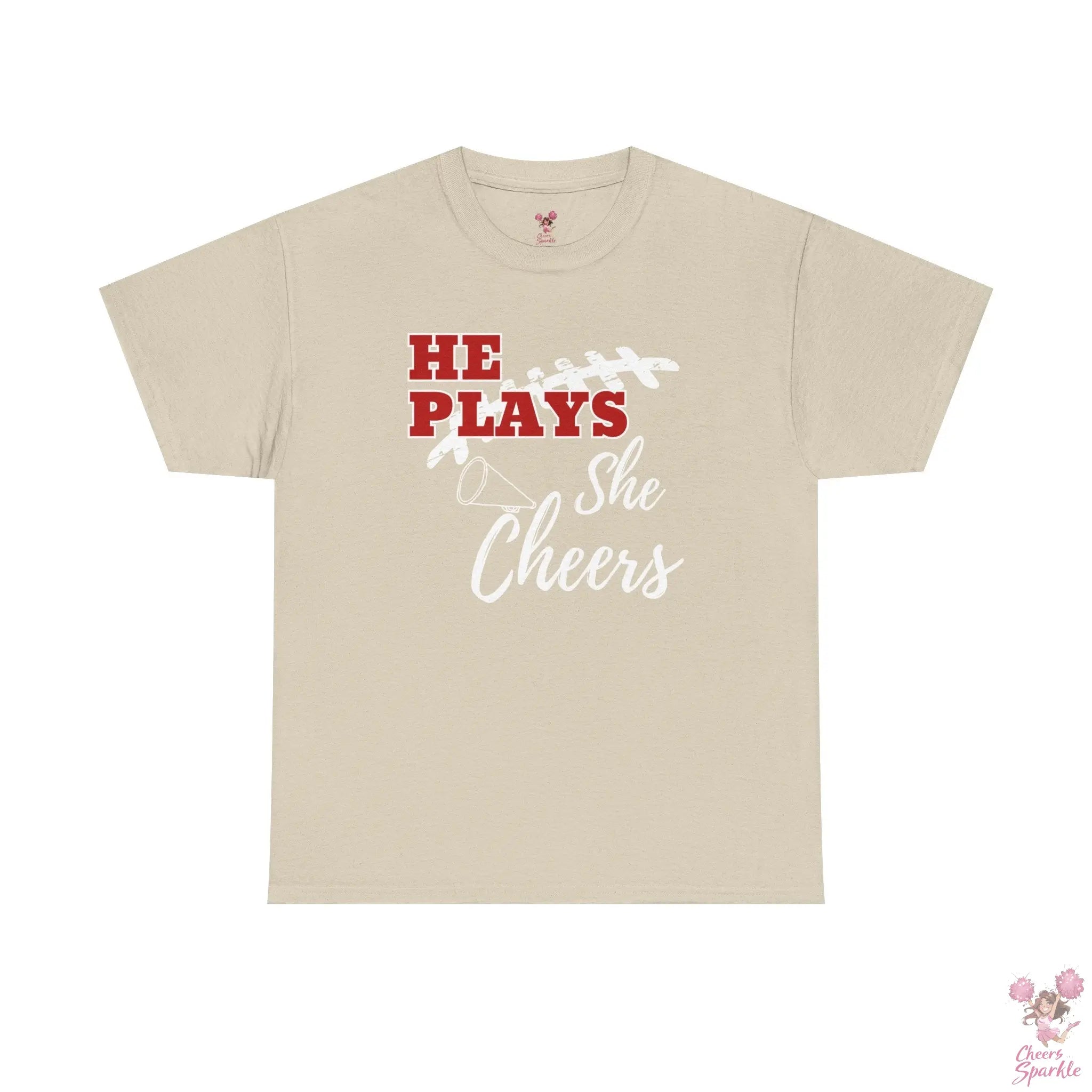 „He Plays, She Cheers“ T-Shirt Printify