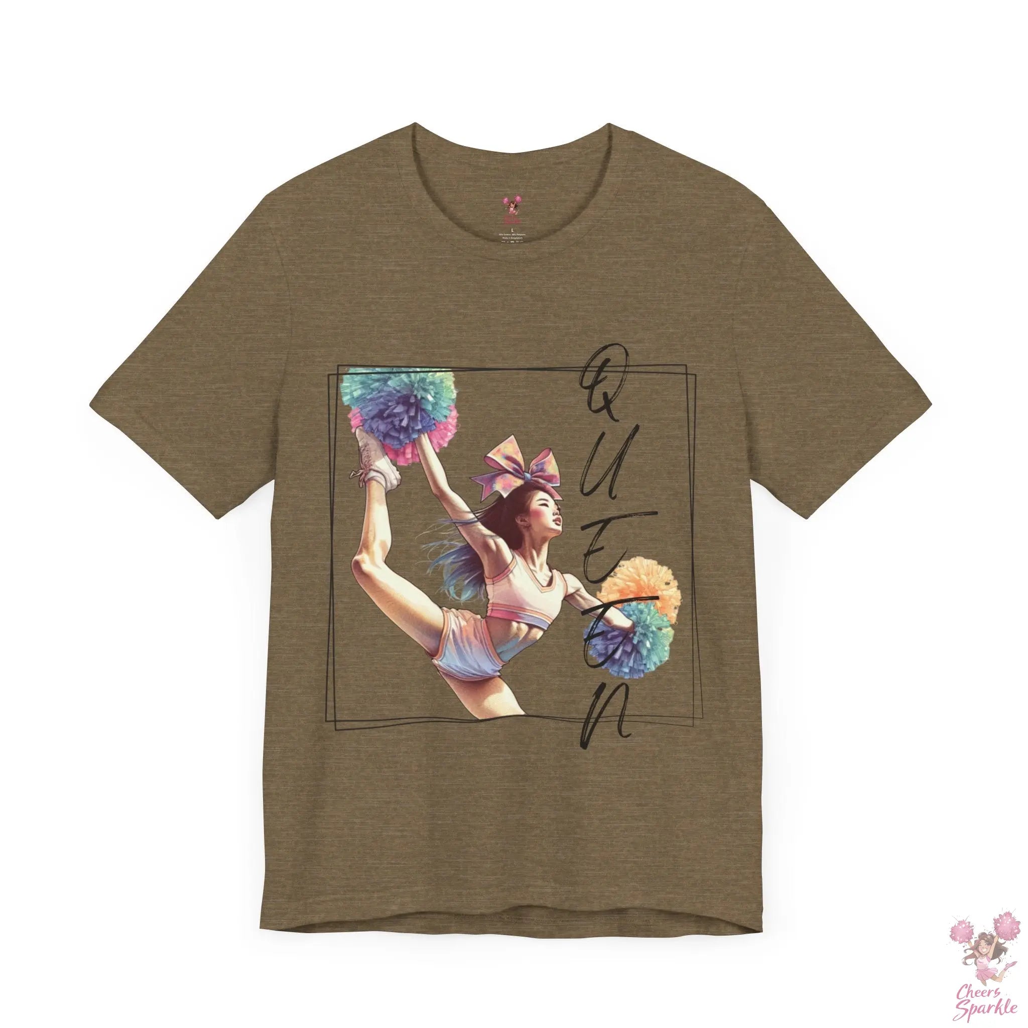 Energiegeladenes Cheerleader-Design mit dem Schriftzug "Queen" Cheers and Sparkle
