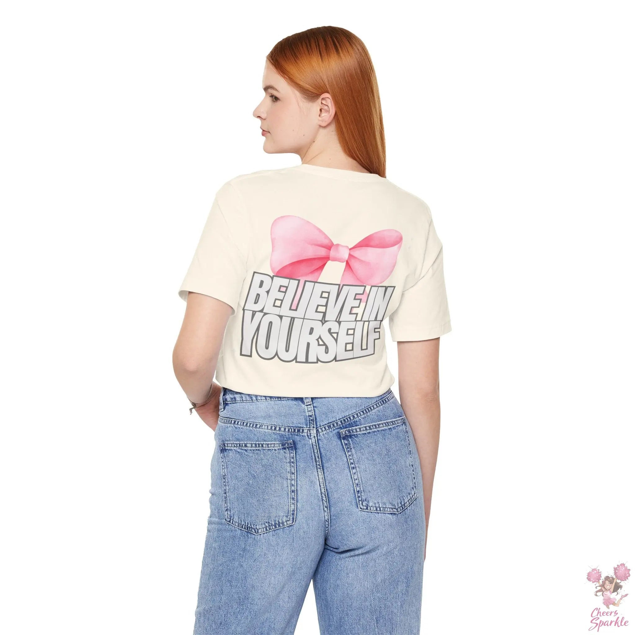 "Believe in Yourself"  mit Schleifenmotiv V-Ausschnitt T-Shirt Cheers and Sparkle