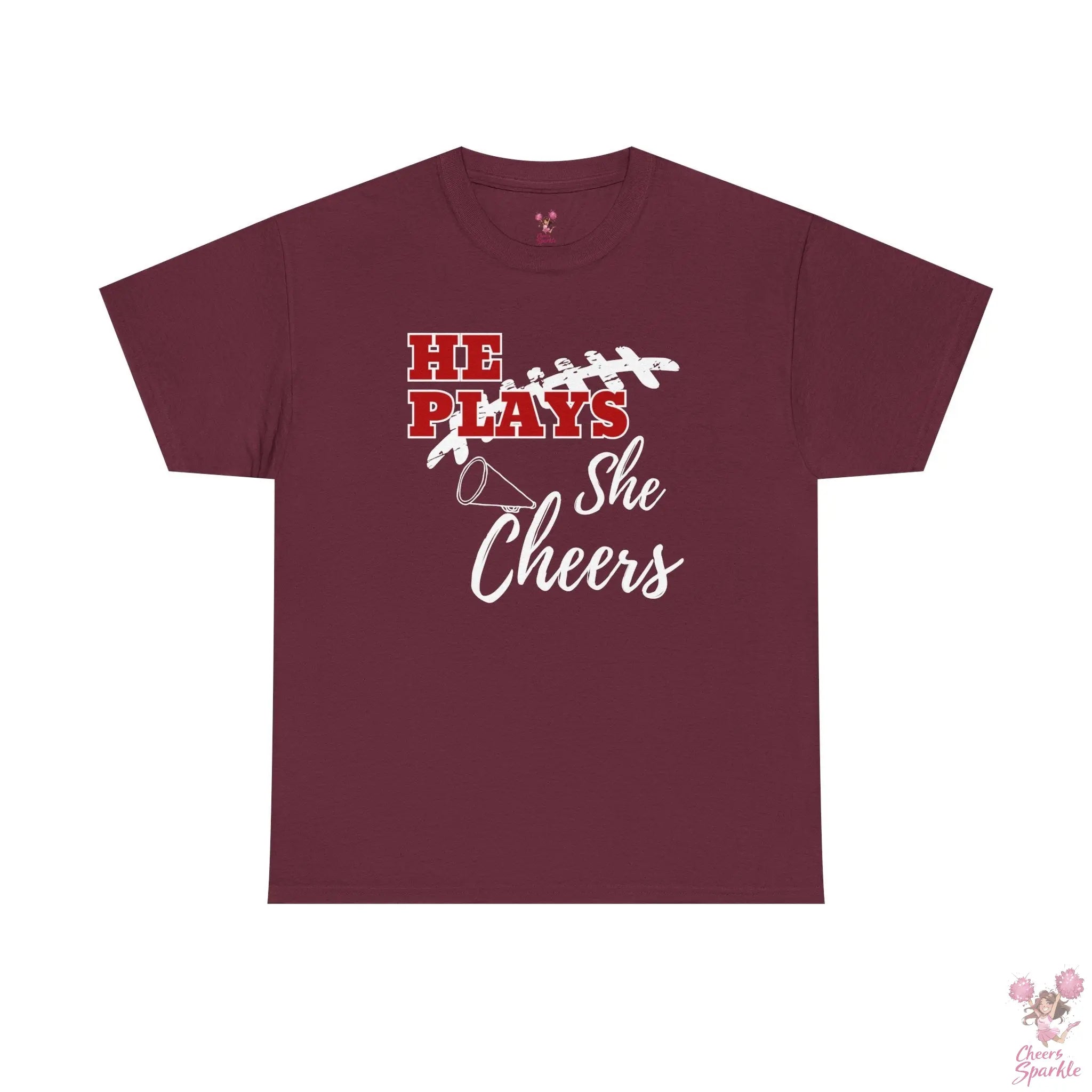 „He Plays, She Cheers“ T-Shirt Printify