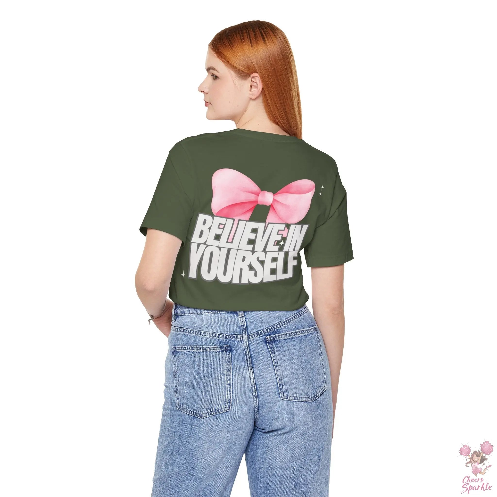 "Believe in Yourself"  mit Schleifenmotiv V-Ausschnitt T-Shirt Cheers and Sparkle