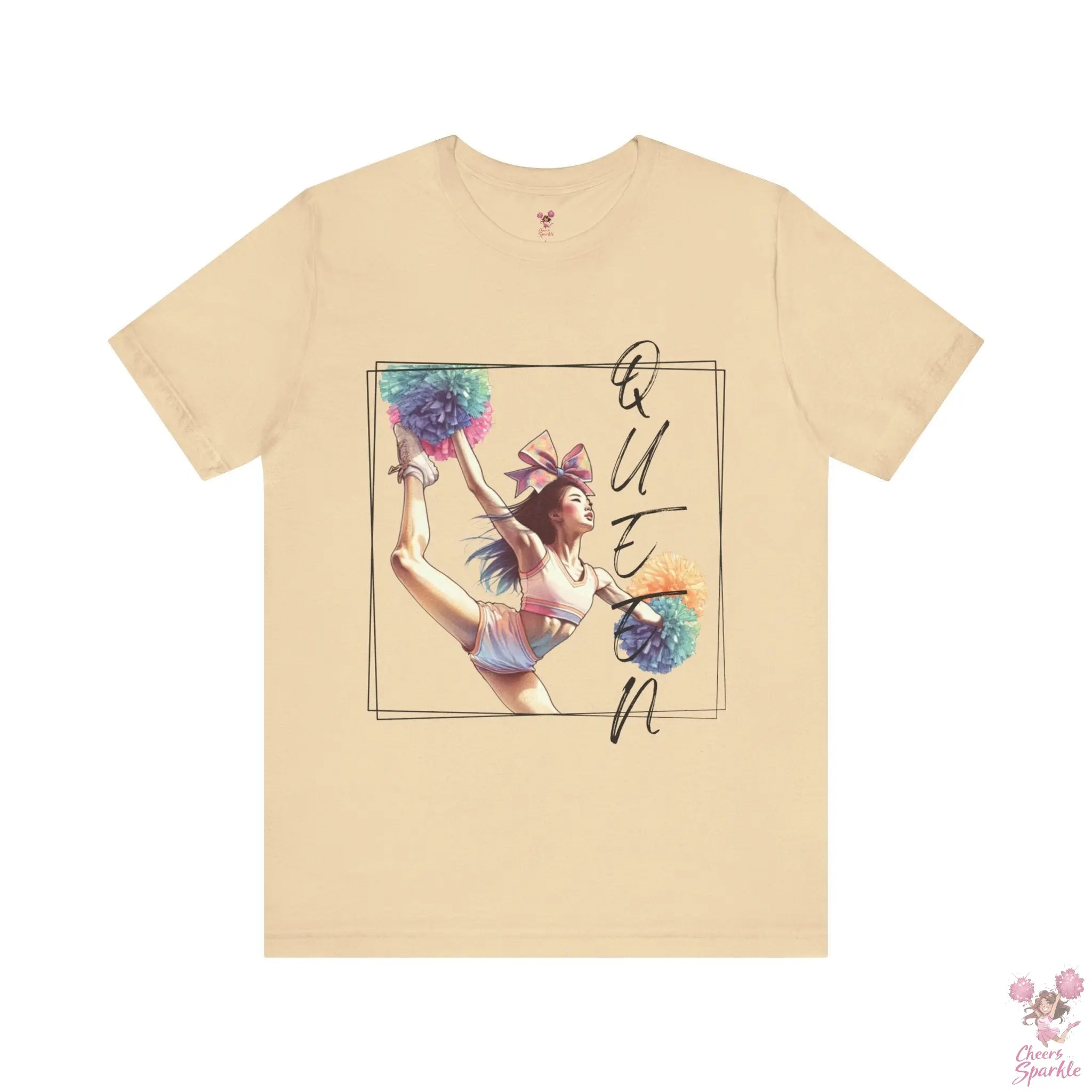 Energiegeladenes Cheerleader-Design mit dem Schriftzug "Queen" Cheers and Sparkle