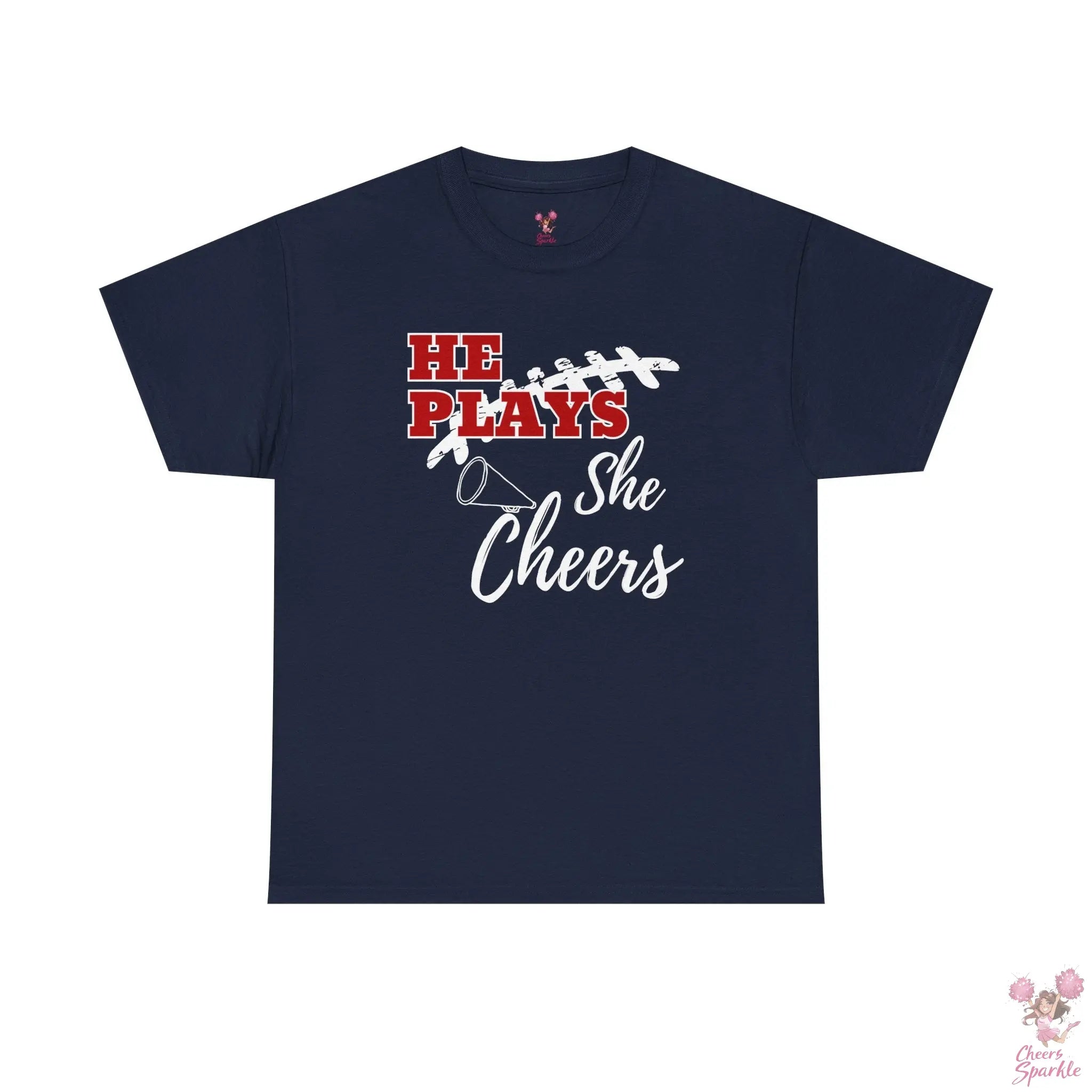 „He Plays, She Cheers“ T-Shirt Printify