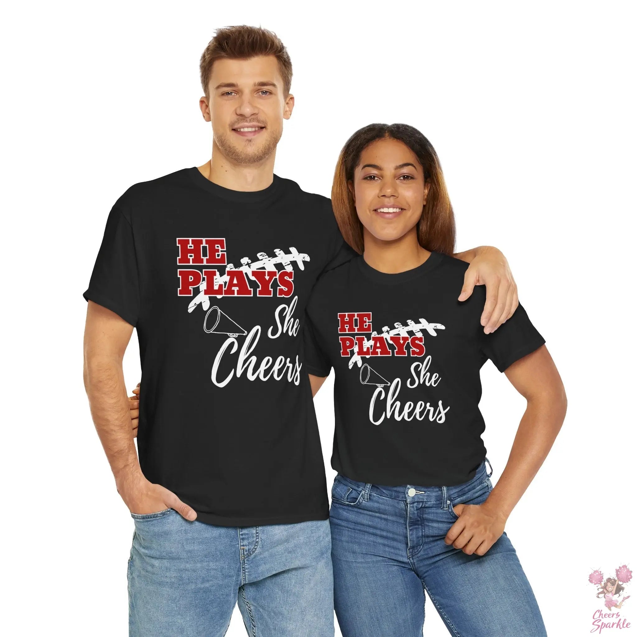 „He Plays, She Cheers“ T-Shirt Printify