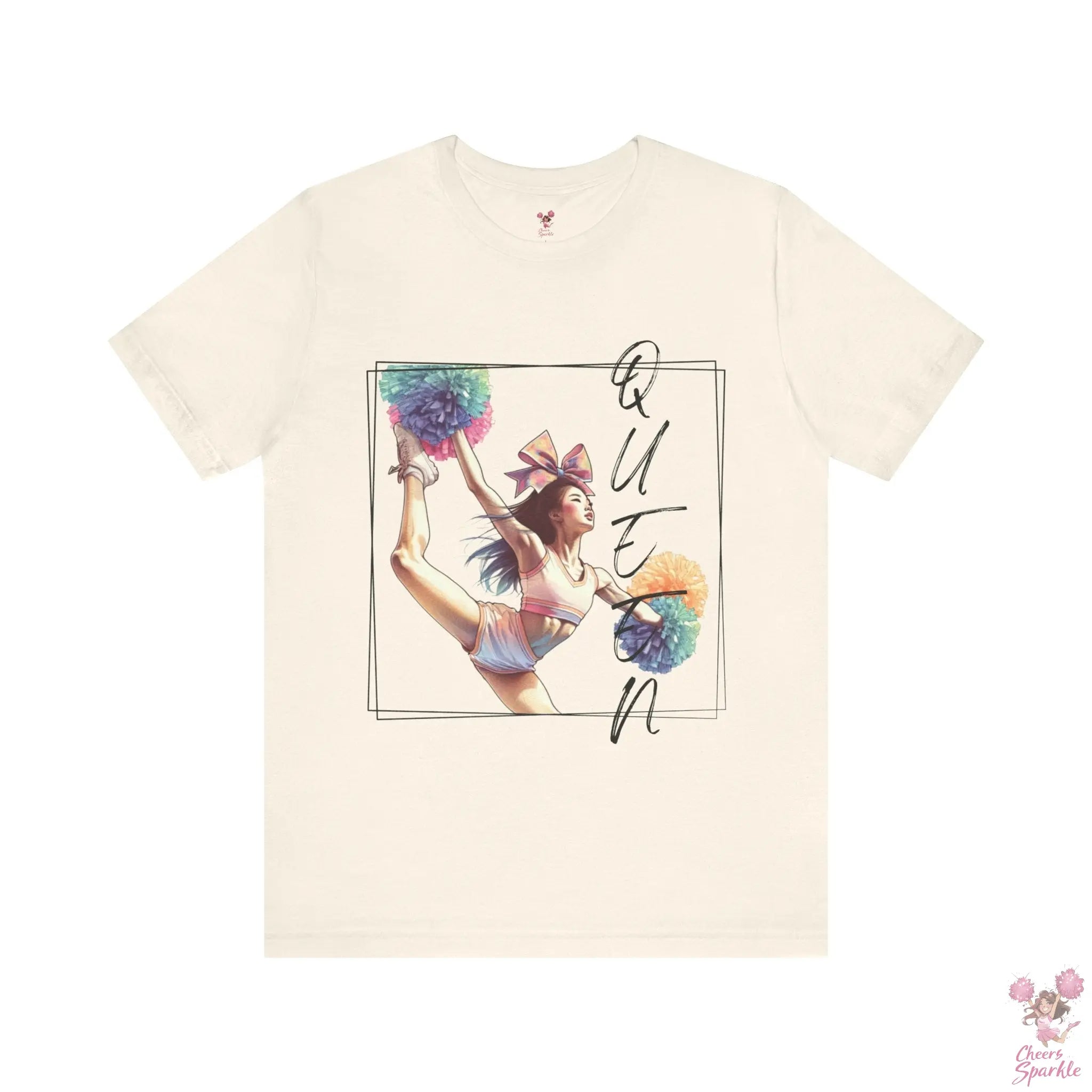 Energiegeladenes Cheerleader-Design mit dem Schriftzug "Queen" Cheers and Sparkle